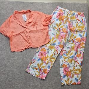 C&C California Women’s 100% Linen Wide Leg Pants Tropical Floral Size Large